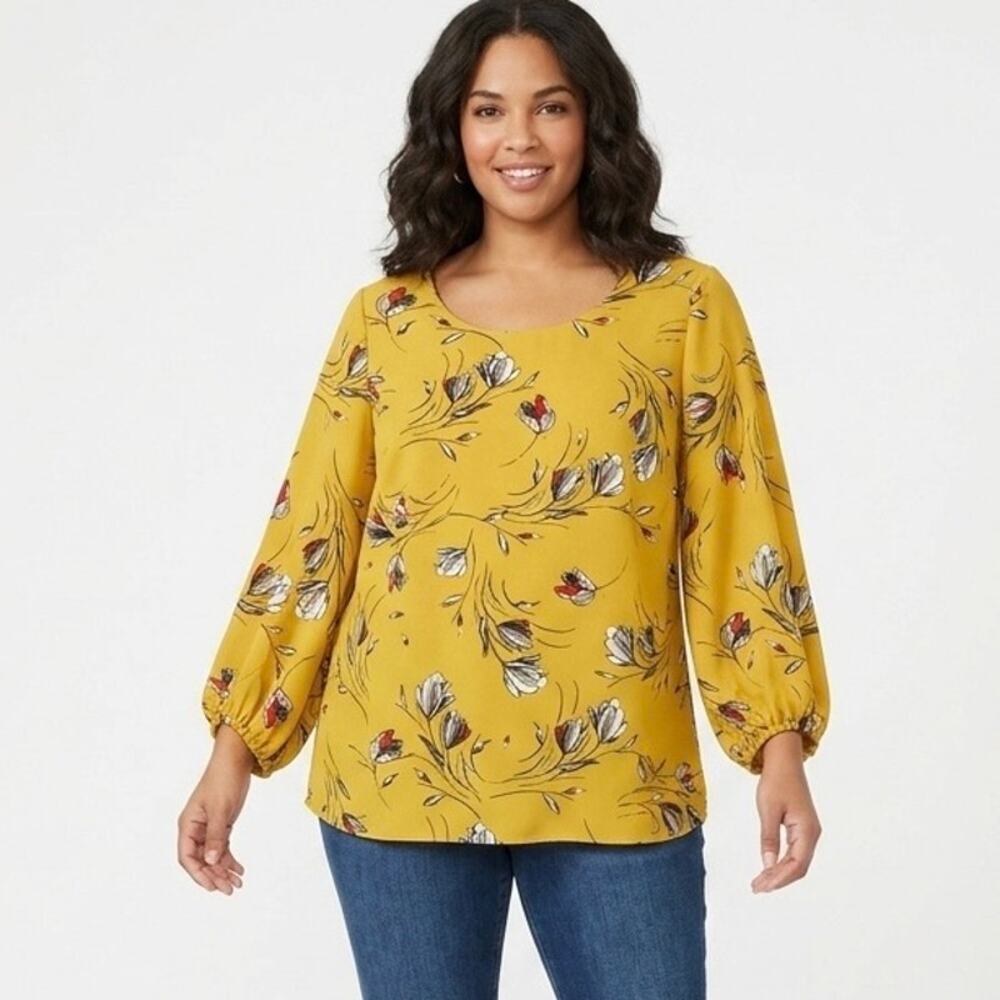 Alfani Women's Blouse Plus Size 0X Mustard Yellow Floral Print Long Sleeve Tunic